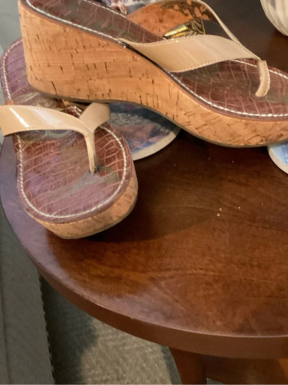 Sam Edelman Beige Thong Sandals with Tan Croc-Print Footbed